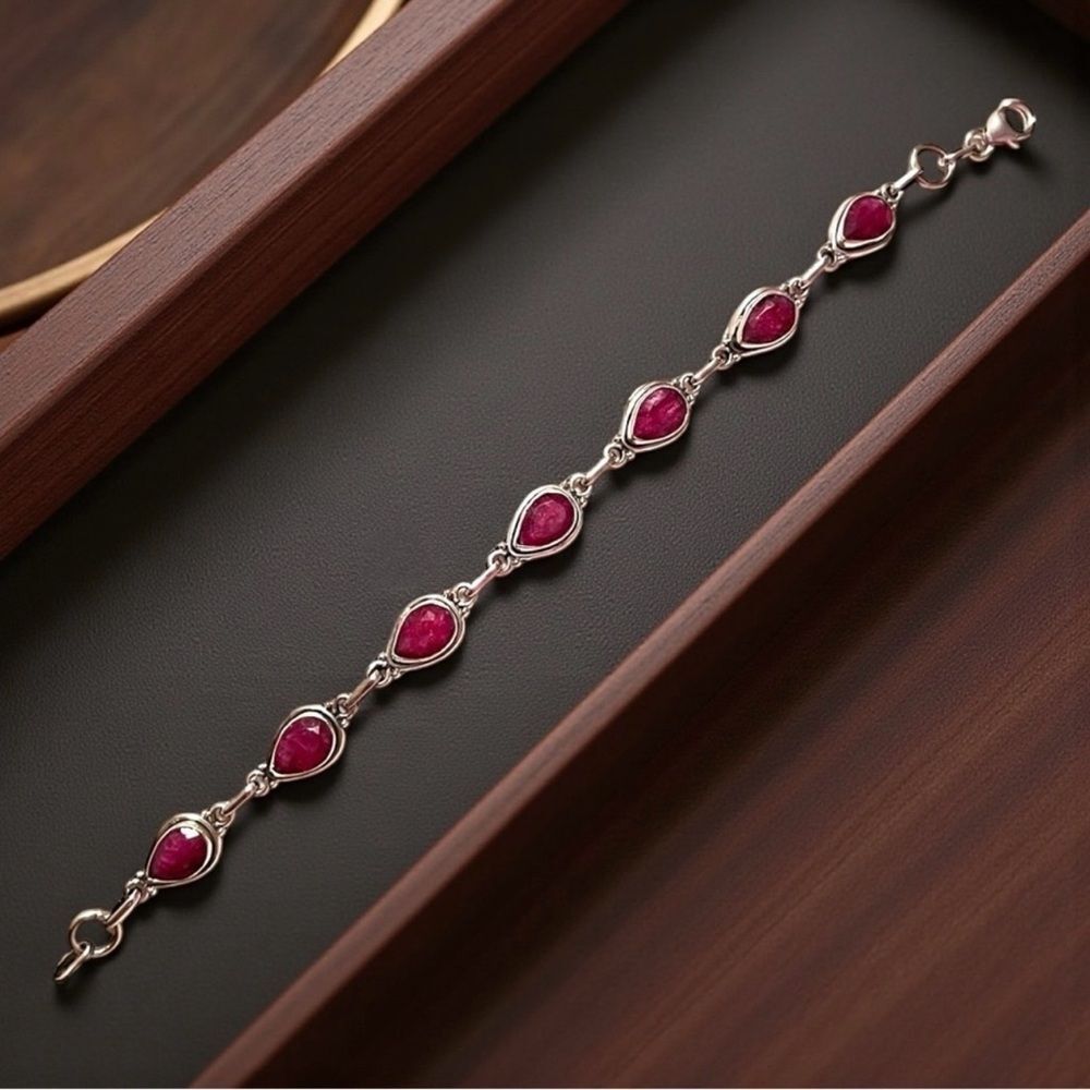 Sterling Silver Teardrop Ruby Chain Bracelet